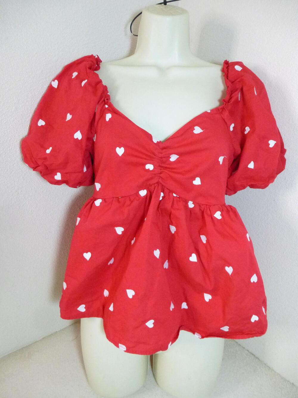 Francescas Babydoll Top Women Small Red Coquette Milkmaid Y2K Puff Sleeve Hearts